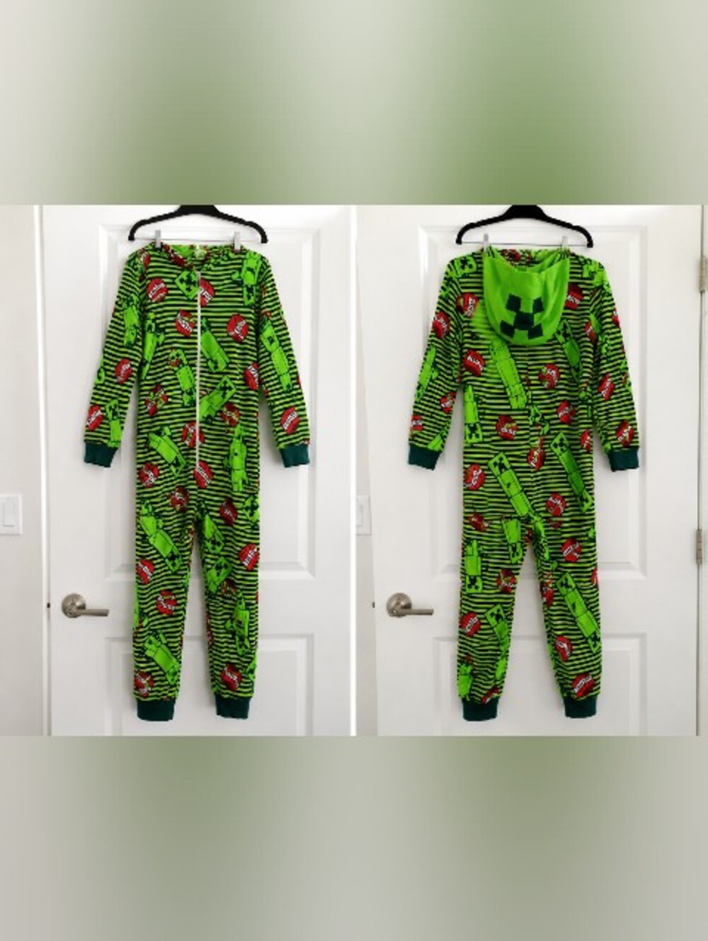 Green Minecraft-Style Boys' One-Piece Pajama Set Size Medium